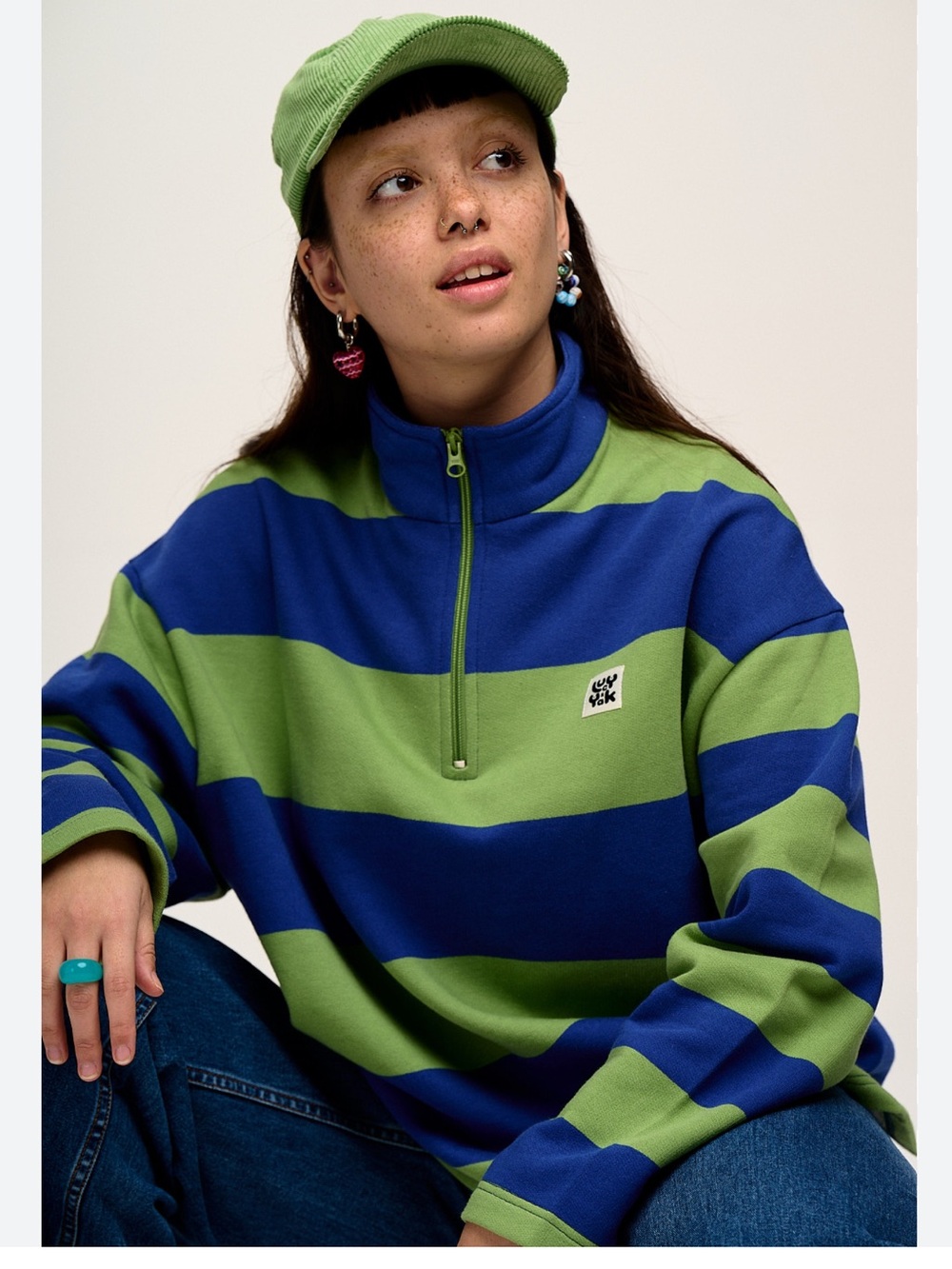 Lucy & Yak Taylor Blue and Green Striped Half-Zip Organic Cotton Sweatshirt
